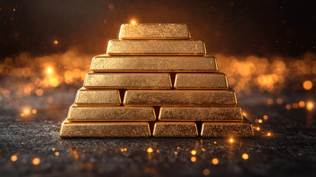 Shiny gold bars carefully arranged in a triangular formation on a rustic wooden table, showing their rich color and smooth texture in warm lighting.の素材