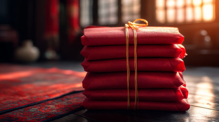 A stack of red envelopes, neatly tied with twine, rests on a table surrounded by flickering candles and scattered rose petals, creating a warm and inviting atmosphere.の素材
