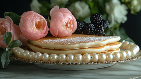 A stack of fluffy pancakes is served with vibrant raspberries and blueberries on top, drizzled with golden syrup. Powdered sugar adds a touch of elegance to the dish.の素材