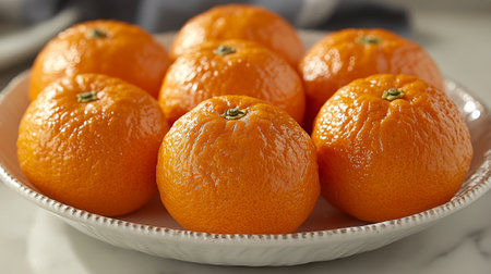 Bright orange slices are neatly stacked on a white plate, while whole oranges sit nearby, creating an enticing display of fresh fruit on a kitchen countertop.の素材