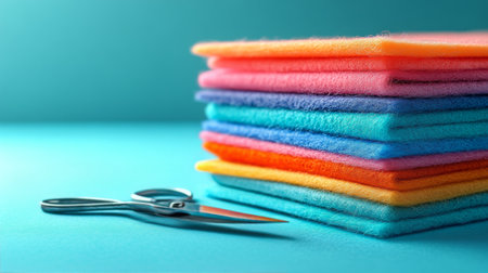 A collection of vibrant felt sheets in various colors is neatly stacked next to a pair of scissors on a soothing turquoise background, showcasing a crafting setup.の素材