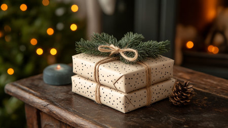Two neatly wrapped gift boxes adorned with greenery sit on a rustic wooden table beside a warm fireplace, evoking a cozy holiday atmosphere filled with joy and anticipation.の素材