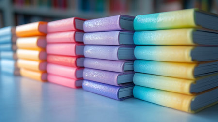 Four vibrant notebooks are stacked neatly on a table, showcasing their pastel covers. A bouquet of flowers in soft focus adds charm to the background.の素材