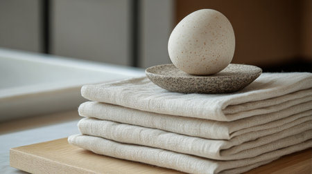 A serene kitchen space showcases neatly stacked towels and a single eggshell on a wooden plate. Fresh flowers in a vase add a touch of nature to the clean design.の素材