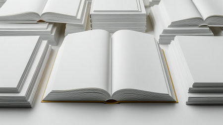 A table displays numerous blank books and opened pages, inviting inspiration and creative thoughts. This arrangement emphasizes limitless opportunities for storytelling and writing.の素材