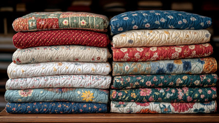Soft, rolled quilts in various colors are arranged in a neat stack, highlighting detailed floral stitching and warm textiles. They evoke a sense of comfort and craftsmanship.の素材