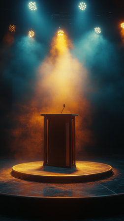 A wooden podium stands on a round stage, illuminated by focused lights from above. The dark background enhances the spotlight effect, suggesting an upcoming event or speech.の素材