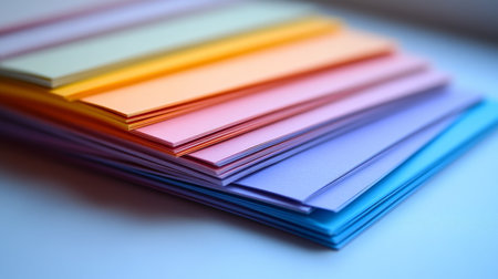 A vibrant stack of colorful paper sheets is organized on a table, showing hues of pink, orange, yellow, and blue. Ideal for crafting, note-taking, and artistic endeavors.の素材
