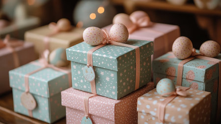 A collection of beautifully wrapped gift boxes in pastel colors with decorative ribbons and tags sits elegantly on a wooden surface, evoking a festive atmosphere and anticipation.の素材