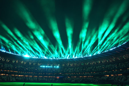 Vibrant green beams of light shine down from the stadium ceiling, creating an energetic atmosphere, while fans cheer from their seats during a nighttime event.の素材