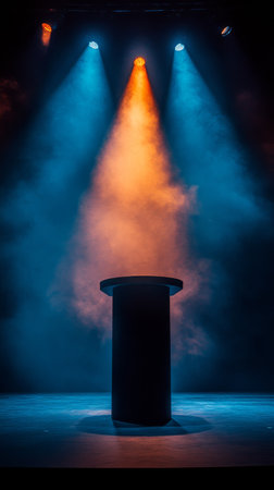 A wooden podium stands on a round stage, illuminated by focused lights from above. The dark background enhances the spotlight effect, suggesting an upcoming event or speech.の素材