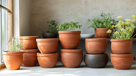 Neatly arranged terracotta pots sit stacked on a rustic wooden surface, inviting a touch of nature to the cozy garden. A vibrant backdrop hints at plant life just beyond the pots.の素材