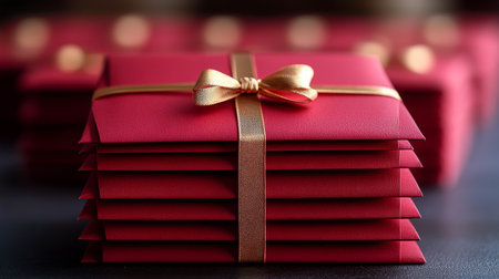 Red envelopes stacked elegantly on a wooden table, tied with a shiny gold ribbon, perfect for festive occasions or special gatherings. The warm tones create a cozy atmosphere.の素材