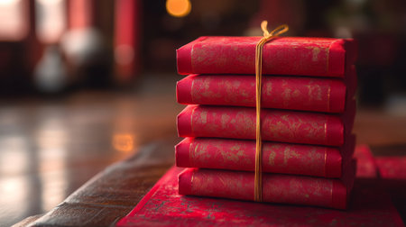 A stack of red envelopes, neatly tied with twine, rests on a table surrounded by flickering candles and scattered rose petals, creating a warm and inviting atmosphere.の素材