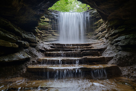 A waterfall flows gracefully from a dimly lit cave, surrounded by lush greenery and moss-covered stones. The mist creates a serene atmosphere in this peaceful hideaway.の素材