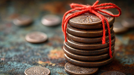A stack of vintage coins neatly arranged and tied with a red string sits on colorful decorative fabric. The coins showcase intricate designs and exhibit an antique charm.の素材