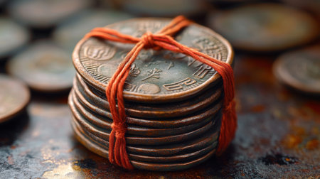 A stack of vintage coins neatly arranged and tied with a red string sits on colorful decorative fabric. The coins showcase intricate designs and exhibit an antique charm.の素材