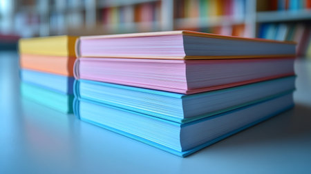 A vibrant collection of stacked notebooks in pastel shades sits on a smooth marble surface, perfect for writing, sketching, or planning. Ideal for students and creatives.の素材