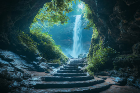 A waterfall flows gracefully from a dimly lit cave, surrounded by lush greenery and moss-covered stones. The mist creates a serene atmosphere in this peaceful hideaway.の素材