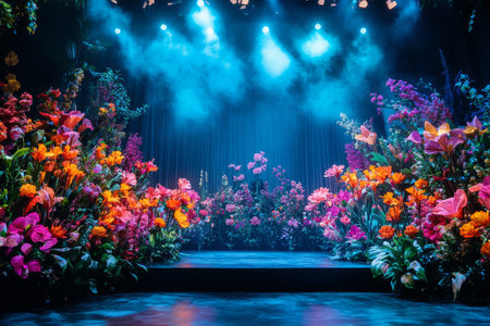 A stage is adorned with colorful flowers in hues of orange, pink, and purple, under soft blue lighting that creates an enchanting atmosphere for an artistic performance.の素材