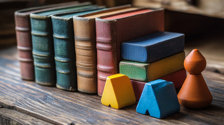 A collection of vintage books stacked neatly, alongside vibrant wooden shapes in various colors and forms, resting on a weathered wooden table.の素材