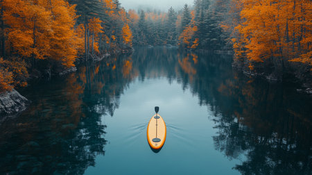 A paddleboarder gently moves across a calm lake reflecting the stunning orange and yellow hues of autumn trees. The misty atmosphere enhances the peaceful setting.の素材