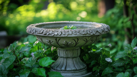 A beautifully crafted birdbath stands amidst rich foliage and colorful flowers, creating a peaceful atmosphere in a well-maintained garden. Nature thrives in this serene spot.の素材