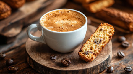 A dark cup filled with freshly brewed coffee sits on a plate next to two crunchy biscotti. The warm, inviting colors create a comforting atmosphere for enjoying a snack.の素材