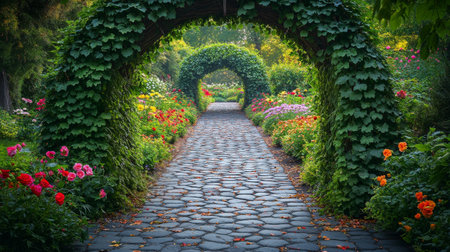 A beautiful garden pathway lined with vibrant flowers leads through stone archways covered in greenery. The scene captures the tranquility of nature in bright daylight.の素材