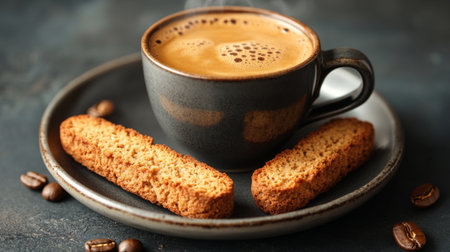 A dark cup filled with freshly brewed coffee sits on a plate next to two crunchy biscotti. The warm, inviting colors create a comforting atmosphere for enjoying a snack.の素材