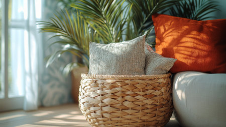 A warm and inviting living room features a woven basket filled with decorative pillows and a vibrant potted plant. Soft sunlight illuminates the space, enhancing its comfort.の素材