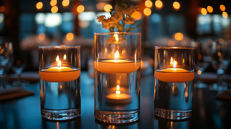 Soft candlelight illuminates a beautifully arranged table featuring three candles and a floral centerpiece, creating a cozy and romantic atmosphere for dining.の素材