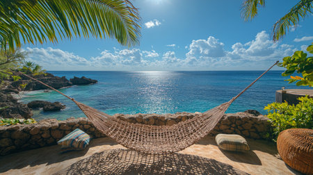 A serene setting features a hammock draped between palm trees, overlooking crystal blue waters and fluffy clouds. The peaceful atmosphere invites relaxation and enjoyment of nature.の素材