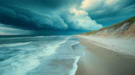 Dark clouds gather above the coastal landscape, casting shadows on the sandy beach while sunlight peeks through. Grassy dunes add a touch of green to the shoreline view.の素材