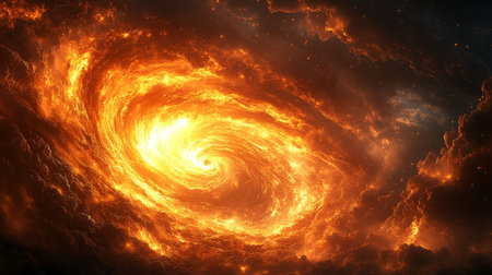 A vibrant cosmic swirl filled with intense oranges and yellows contrasts against a dark blue backdrop. The swirling energy creates a mesmerizing visual of the universe's beauty.の素材