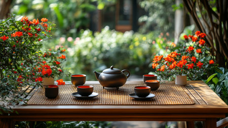 A tranquil gathering showcases a tea set arranged on a wooden table amidst blooming flowers, offering a peaceful moment in nature's embrace.の素材