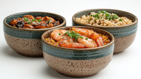 Three bowls showcase delectable dishes featuring shrimp with rice, a savory meat stir-fry, and fried rice garnished with green onions, creating a vibrant and appetizing display.の素材
