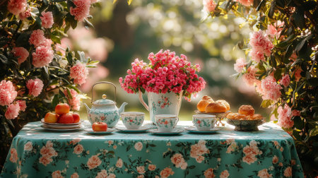 A tranquil gathering showcases a tea set arranged on a wooden table amidst blooming flowers, offering a peaceful moment in nature's embrace.の素材