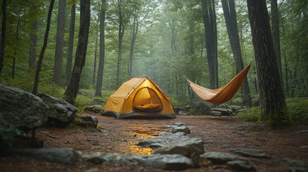 A bright yellow tent is pitched among tall trees in a misty forest. A hammock is hung nearby, creating a cozy camping spot for relaxation and adventure in nature.の素材