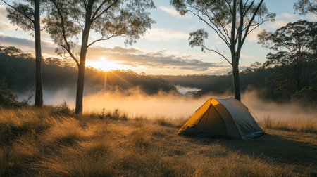 Two cozy cabins sit on lush green grass surrounded by towering trees and misty mountains, creating a serene atmosphere during early morning hours.の素材
