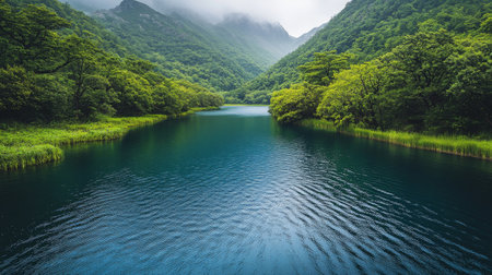 A calm lake reflects the green trees and mist-covered hills, creating a peaceful atmosphere. Nature surrounds the water, inviting relaxation and exploration.の素材
