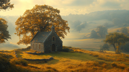 A serene stone chapel sits proudly in a vibrant green field, flanked by trees under a colorful sky at sunset, capturing the peaceful essence of rural life.の素材