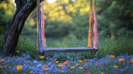 A rustic wooden swing hangs from a tree in a peaceful meadow, adorned with colorful yarns, surrounded by blooming flowers as the sun sets in the background.の素材