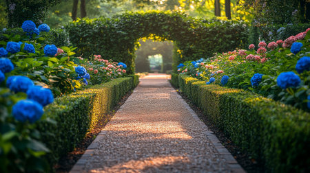 A tranquil pathway in a beautifully manicured garden, bordered by colorful flowers and hedges, leads to a green archway surrounded by lush trees and hills, creating a peaceful atmosphere.の素材
