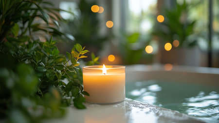 A serene setting features a lit orange candle placed on a water surface, surrounded by lush greenery and soft natural light filtering through windows.の素材