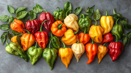 A vibrant collection of peppers in various colors including red, yellow, green, and orange is neatly lined up on a gray background, showing their fresh appearance.の素材