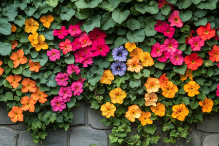 A beautiful wall adorned with an array of colorful flowers, showing hues of blue, pink, orange, and yellow in a lush garden during the spring season.の素材