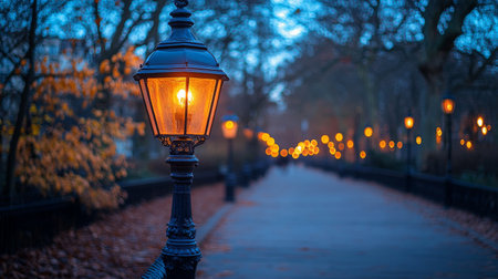 Street lamps cast a warm yellow light through thick fog, creating a mysterious atmosphere on the path. The trees stand silhouetted against the misty backdrop at dusk.の素材