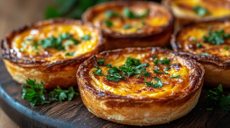 Savory tarts filled with cheese and herbs sit on a cooling rack in a cozy kitchen. The golden crusts and vibrant green herbs create a mouthwatering appeal.の素材