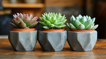 Three unique succulent plants sit in geometric pots of pink, gray, and yellow. The arrangement emphasizes the vibrant colors and shapes against a softly blurred background.の素材